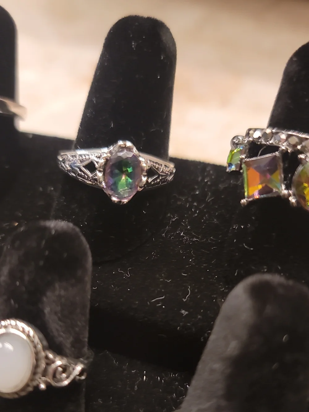 Stainless Steel Silver Plated Filigree Ring with Mystic Topaz/ Oil Spill Stone